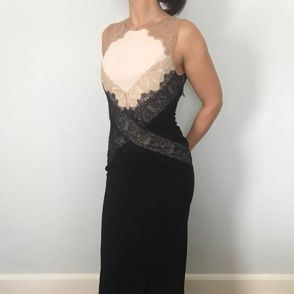 lace trim cream/tan/black full length dress